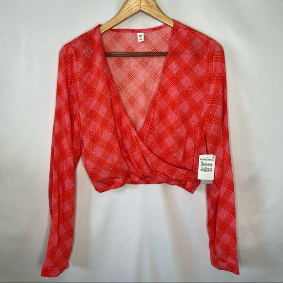 BP. Women's Surplice V-Neck Crop Top in Pink-Red Ian Bias Plaid - Sz M - Picture 2 of 11